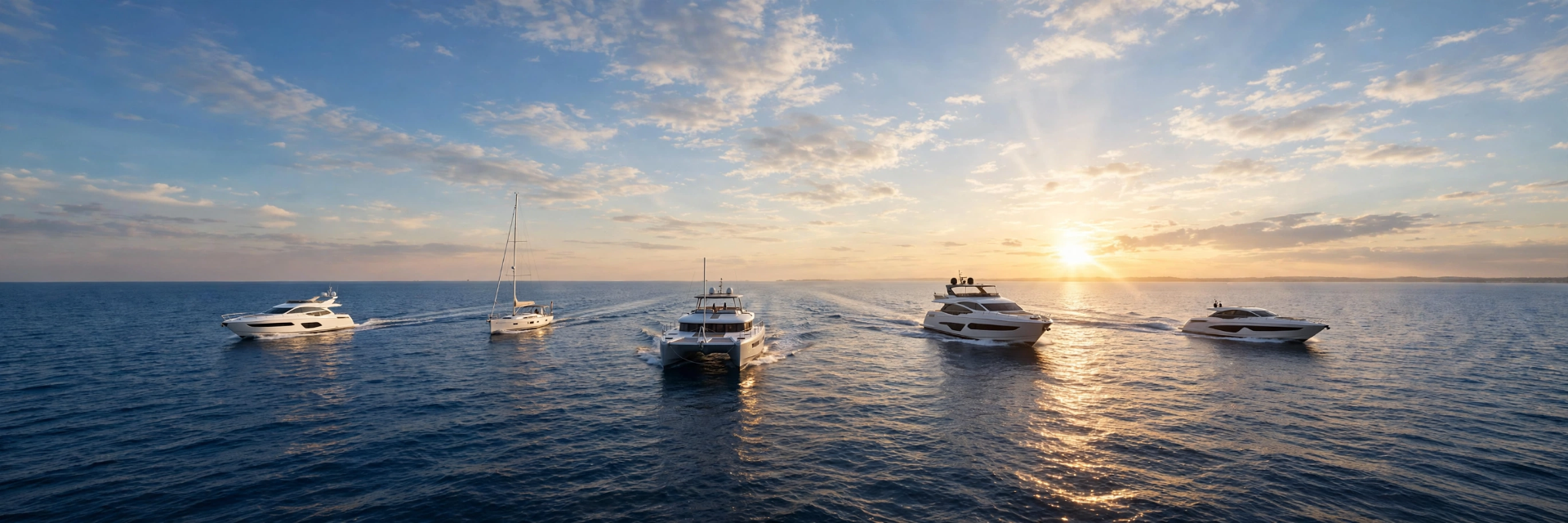 Five yachts cruising side by side across open water at sunset